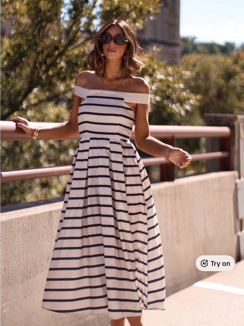 LANE201 Off-Shoulder  Stripe Midi Dress - White & Navy